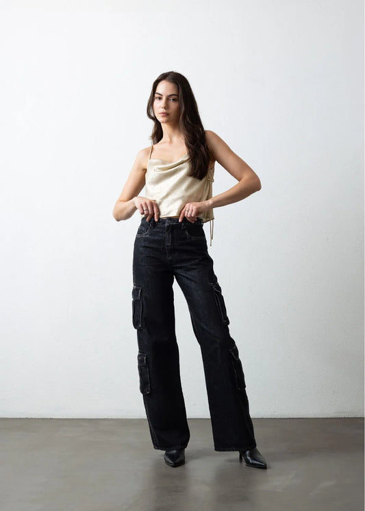 Wide leg cargo black jeans